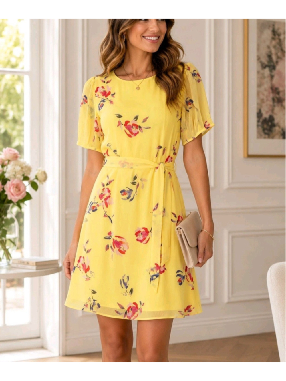 DKNY Yellow Floral Chiffon Dress 8 Romantic Boho Feminine Cottagecore NWT $129